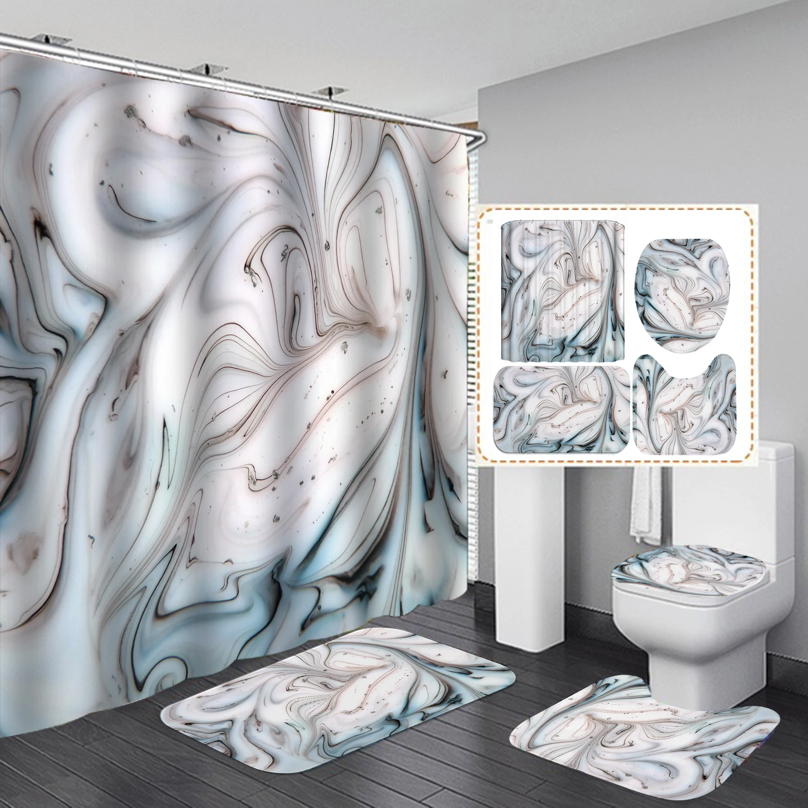 
Hot Designs 4PCS Marble Shower Curtain Set Polyester Bathroom Curtains with Toilet Carpets Rugs Mats 
