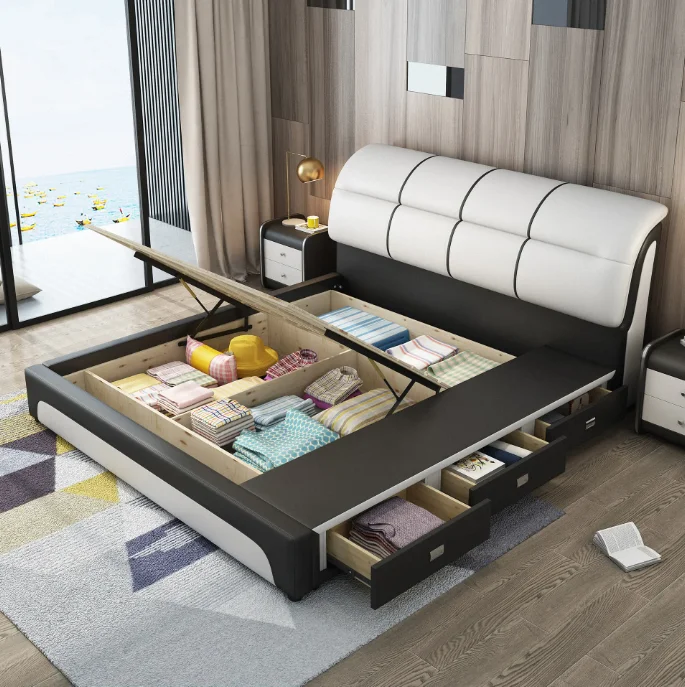 Factory Bett Leather Velvet Headboard Upholstered Ottoman Gas Lift Storage Wood Platform Sleep Bed and Mattress Set Wooden Bed