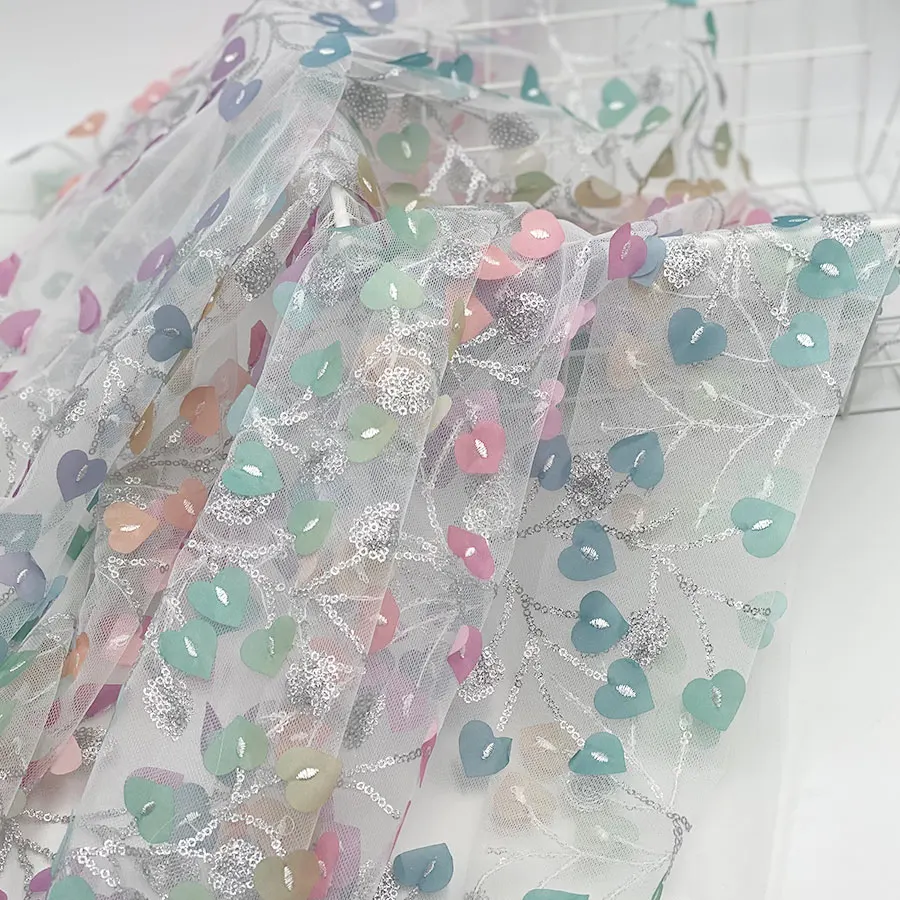 New design beautiful multicoloured laser 3D heart-shaped leaf argent powder sequins glitter tulle mesh embroidery fabrics