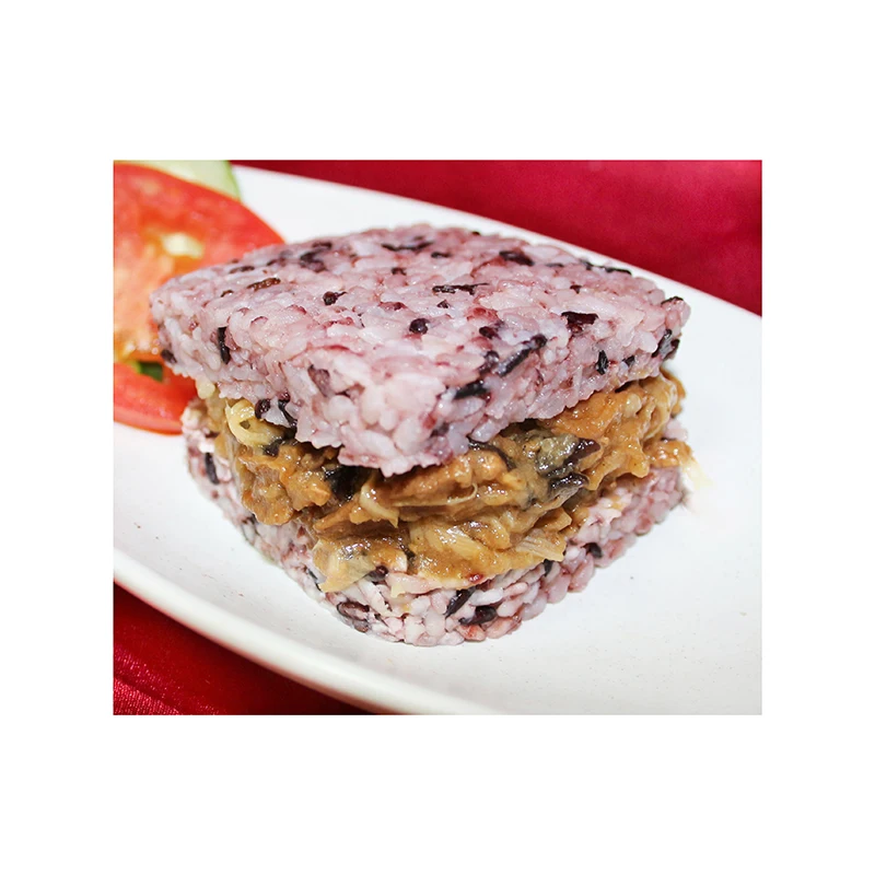 
VEGETARIAN THREE TYPES OF MUSHROOMS IN SHACHA SAUCE WITH PURPLE RICE BURGER 