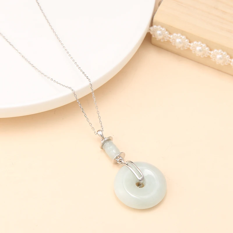 Traditional Chinese Style Feng Shui Lucky Healing Round Jade Pendant Silver 925 Necklace