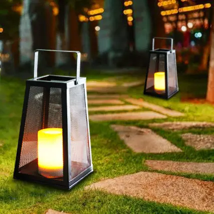 Hanko New Style Trapezoid Solar Powered Garden Decor Black Metal Led Candle Lantern Light