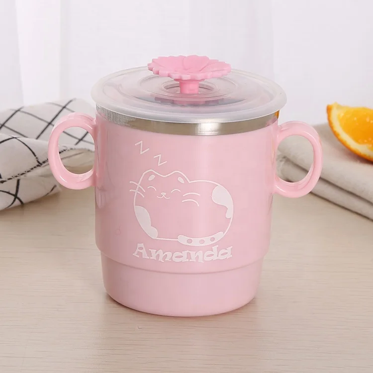
Kids Popular Cute Stainless Steel plastic water bottle cup with two Handles and airtight lids for children training cup 