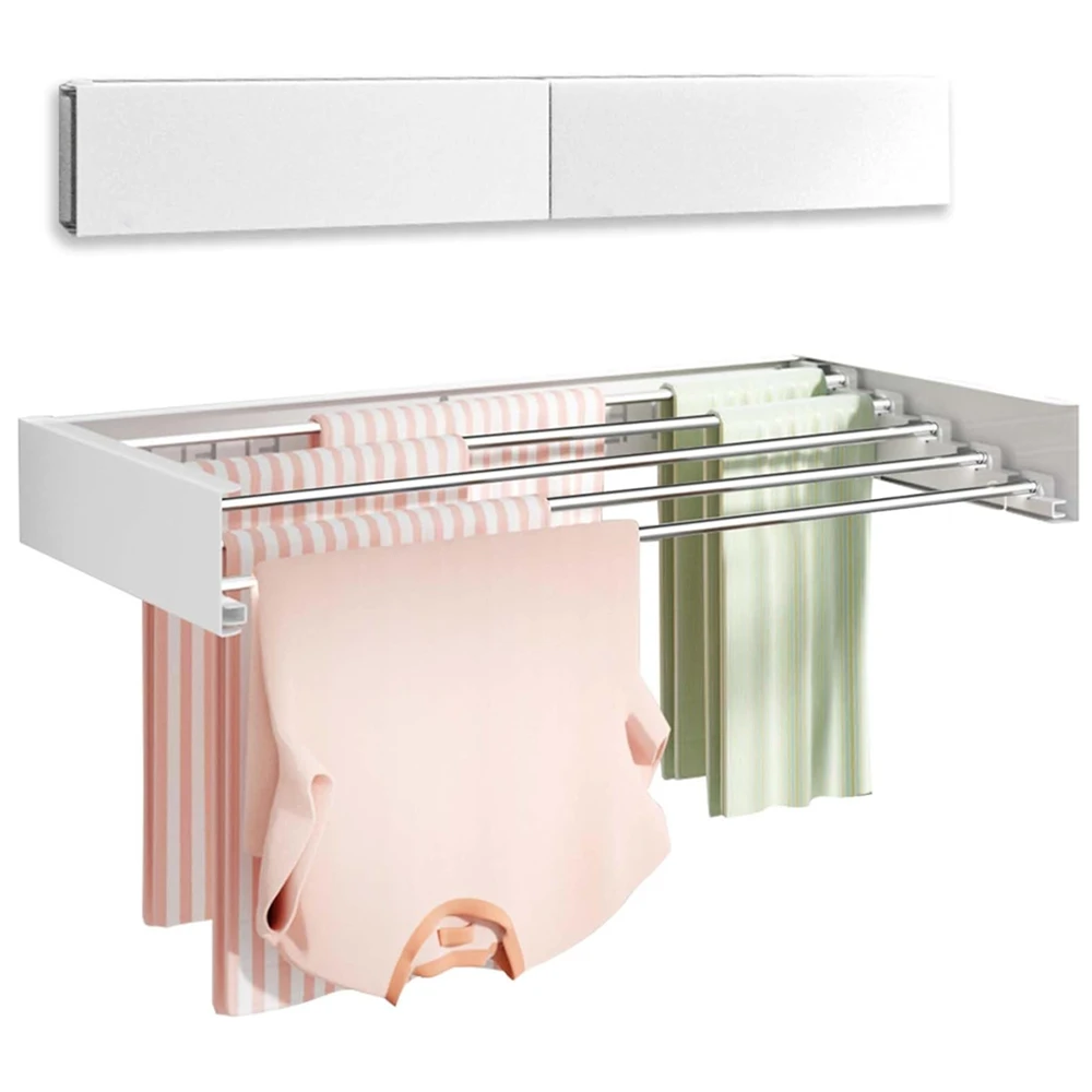 Wall Mounted Laundry Hangers Racks Folding Towels Hanger Retractable Metal Cloth Drying Rack