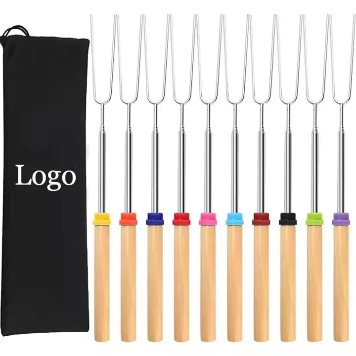 BBQ Accessories Tools 32inch Stretch Stainless Steel Barbecue Stick Bulk Order Fork 10 Color Wood Handle Roasting BBQ Sticks