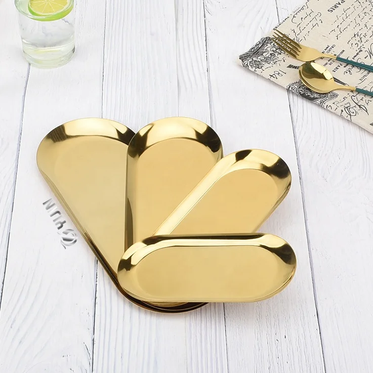 Wholesale metal small serving tray jewelry dessert steak fruit food dinner dishes stainless steel oval plate