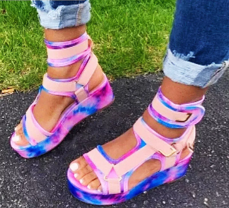 2022 Hot Sale New Contrast Color Slip-On Open Toe Wedge Sandals Women Fish Mouth LadieSandals Magic Fashion Belly Button Shoes