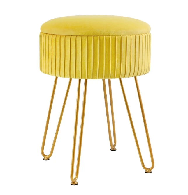 Circular velvet footrest ottoman for makeup vanity, velvet dressing table stool, pouf couch seat with golden legs