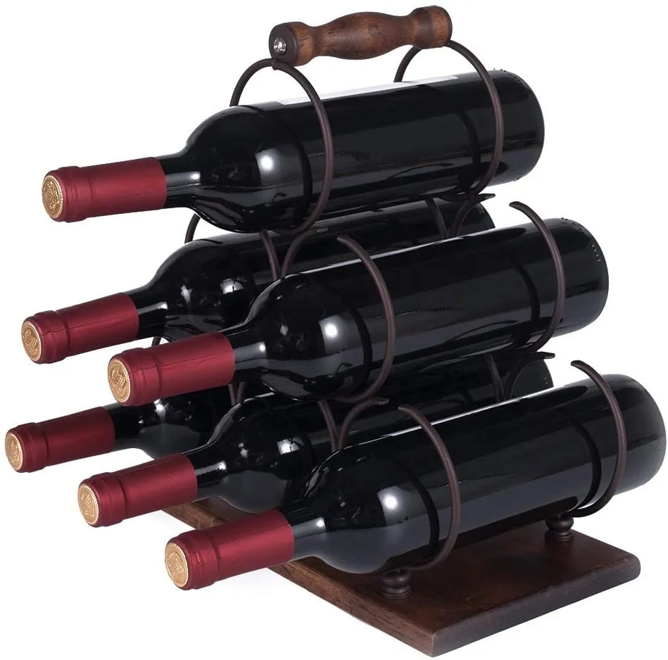 Wood Wine Rack Countertop 6 Bottles Wine Holder with Sturdy Wood Handle, Free Standing Wine Storage for Home Kitchen Pantry