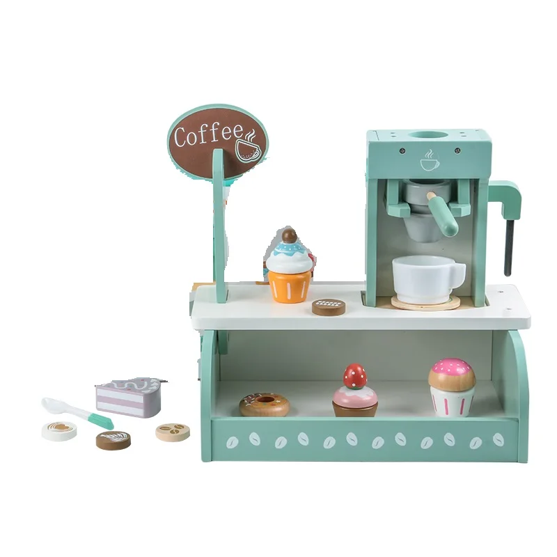 New Arrival Hot sale role play wooden coffee machine with tea and cake set toy for kids