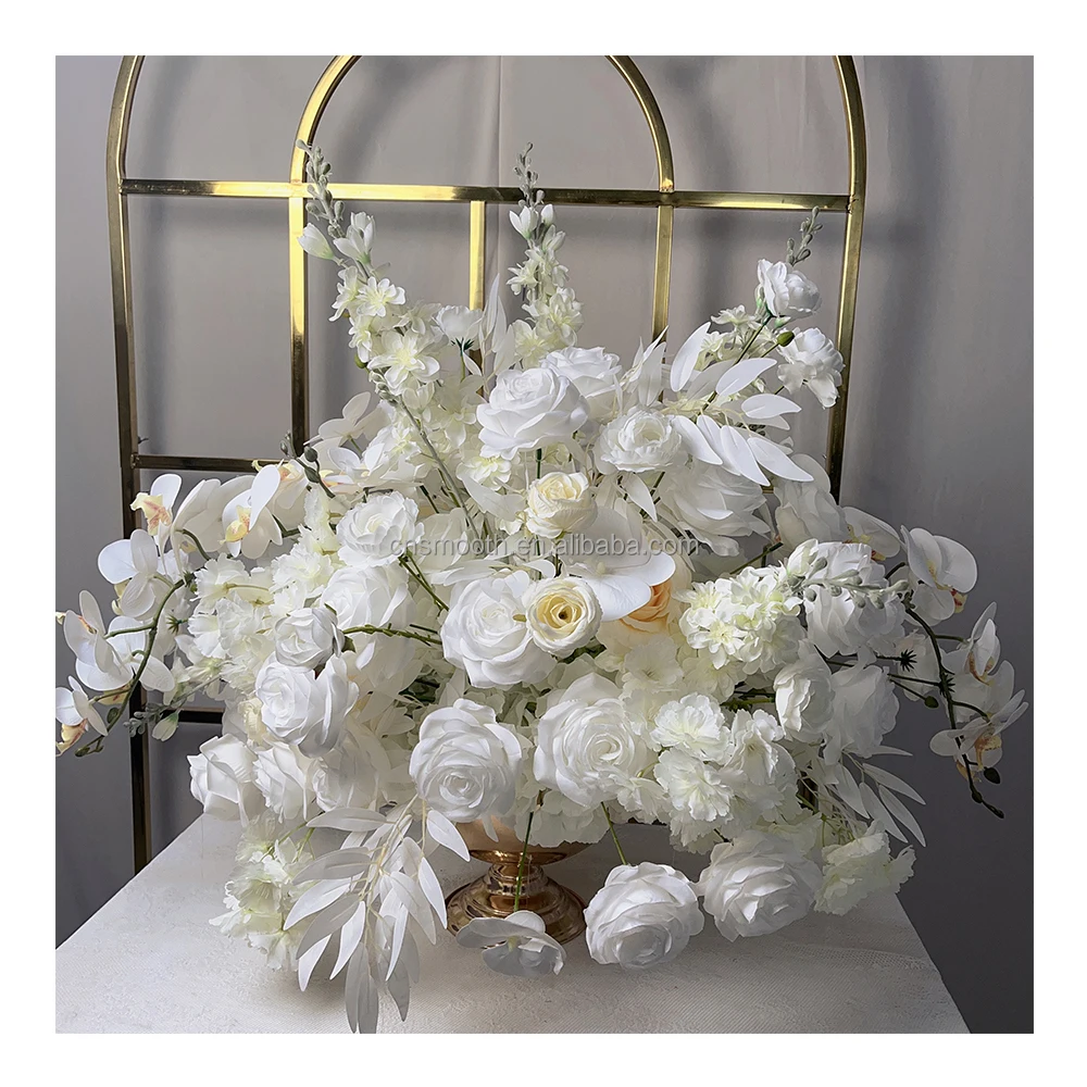 Luxury wedding big spread white ivory artificial rose orchid flower ball for wedding gold metal bowl centerpiece decoration