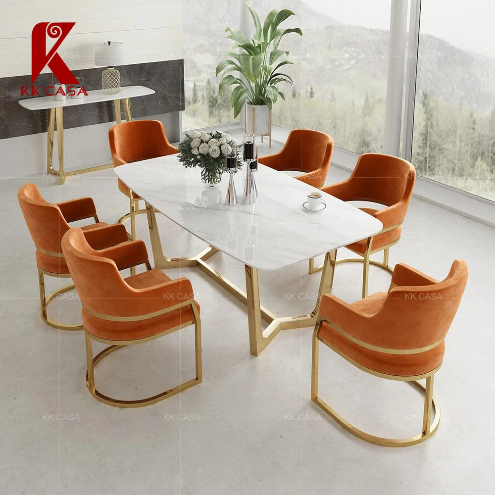 New Design Luxury Stainless Steel Golden Leg Dining Table And Velvet Fabric Chair Set For 6 Home Dining Furniture