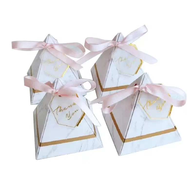 Wholesale Triangle Pyramid Shape Marbling Wedding Favors Gift Packaging Candy Paper Box with Ribbon