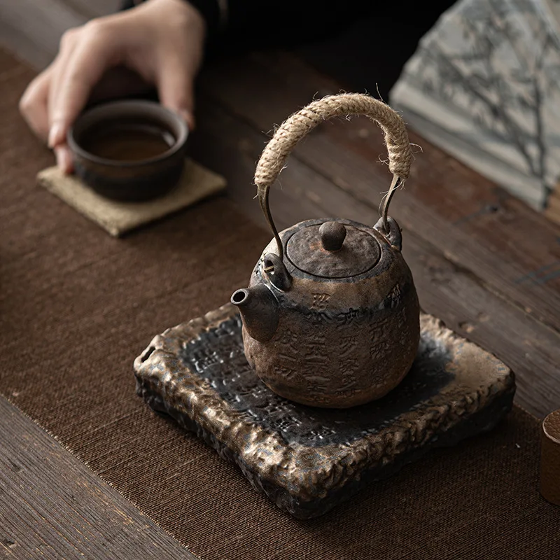 Japanese gilding iron glaze Heart Sutra loop-handled teapot kung fu tea set teakettle hemp rope handle small tea making device