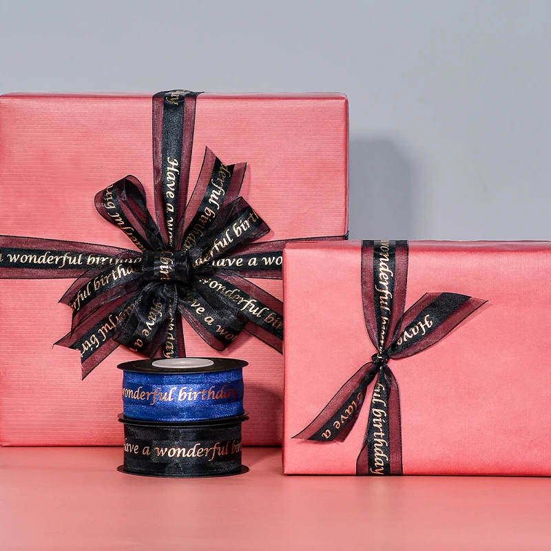 Ribest Custom Gold Foil Satin Organza Ribbon Logo Printed For Birthday Cake Gift Wrapping