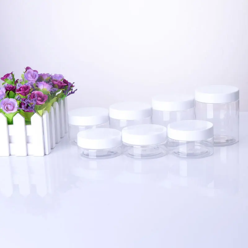 hot sale cosmetic jar containers 30ml 50ml 100ml 150ml 200ml 500ml 1000ml clear PET plastic sugar scrub jar with black screw lid