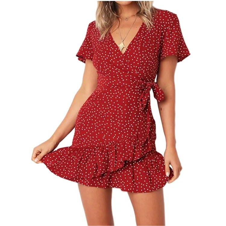 New Summer fashion V Neck Ruffled Print Mini Polka Dot Vintage Floral Casual Short Dresses