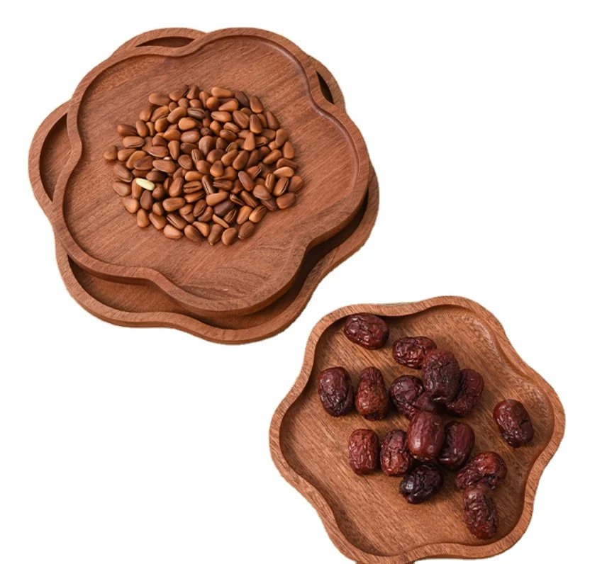 Petal-shaped wooden plate Ebony tray fruit bread small plate Japanese wooden dessert plate wood Serving tray