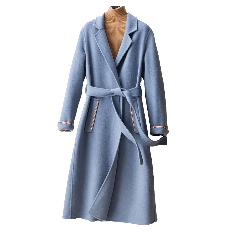 
Ladies Elegant Winter Fall Belt Overcoat Trench Jacket Full Length 100% Wool Coat Women 