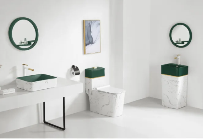 Colorful Sanitary Ware Bathroom Set Of Three One Piece Toilet With Pedestal Basin Art Basin Toilet Set