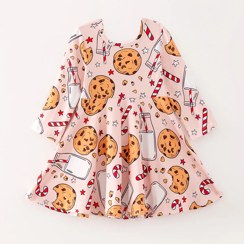Ready to Ship Baby Kids Toddler Girls Fall Winter Christmas Candy Cookies Print Soft Milk Silk Twirl Dress