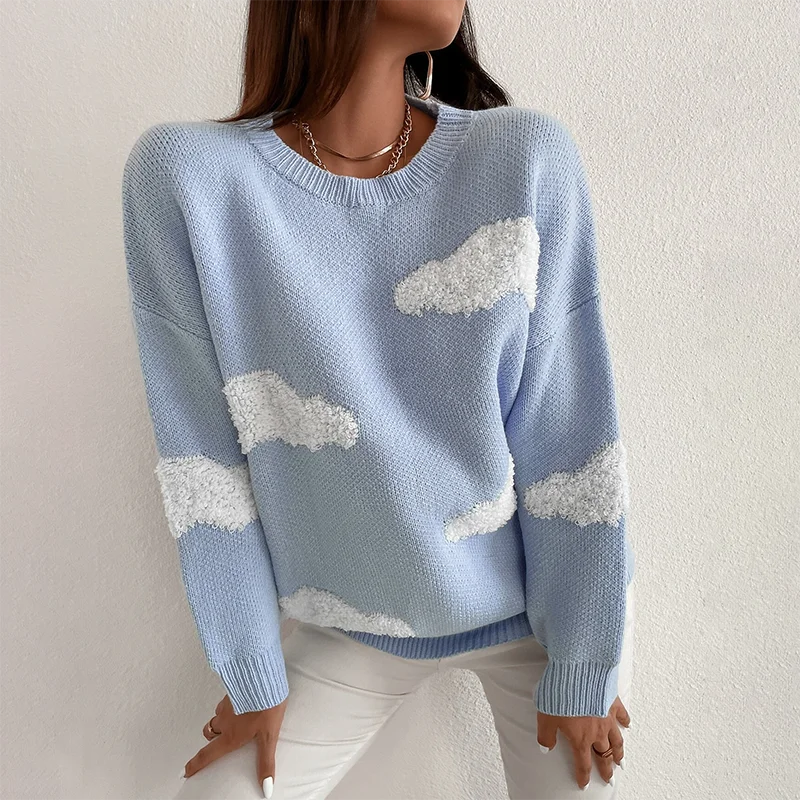 2021 New Fashion Cartoon Cloud Women Sweater Chic Causal Oversized Pullover Autumn New Pull Jumpers Knitted Pullover Tops
