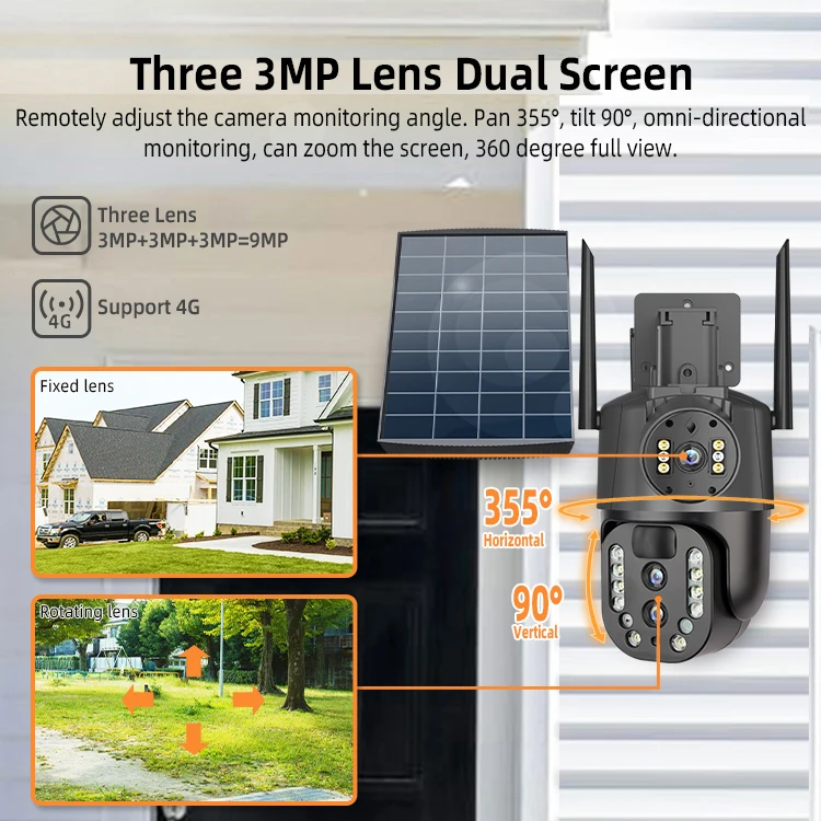 Rechargeable 18000mAh battery Solar powered 4G multi lens CCTV camera 10X Zoom PTZ outdoor security camera