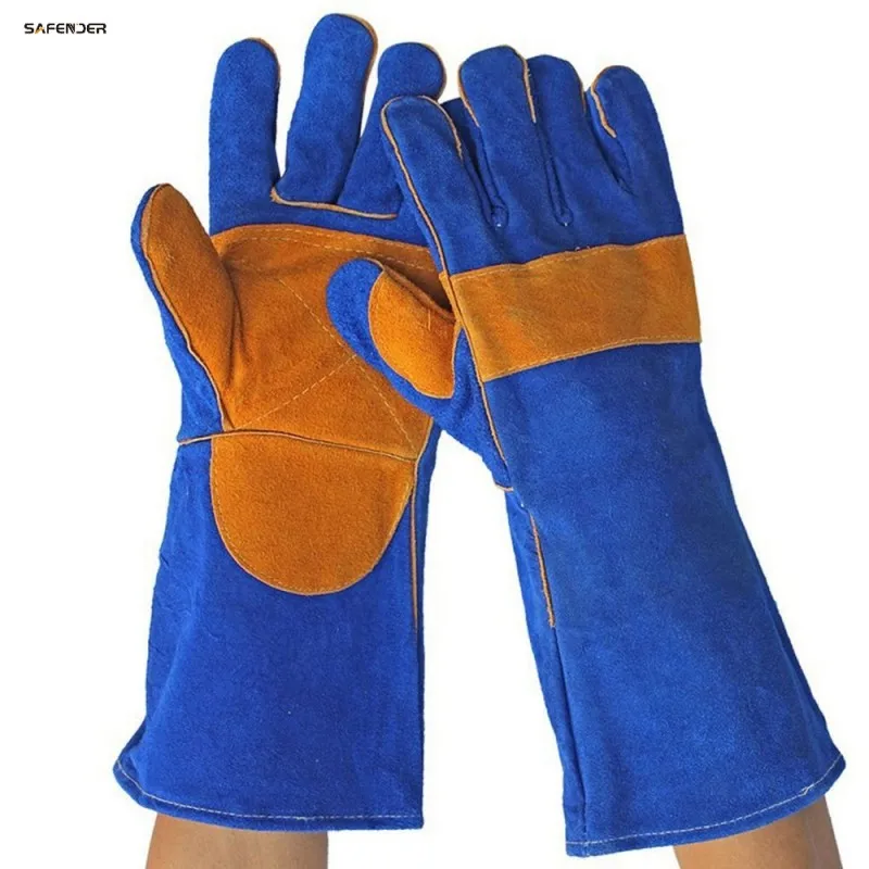 SAFENDER Blue Long Sleeve Thicken Cow Split Leather Welding Protection Safety Glove