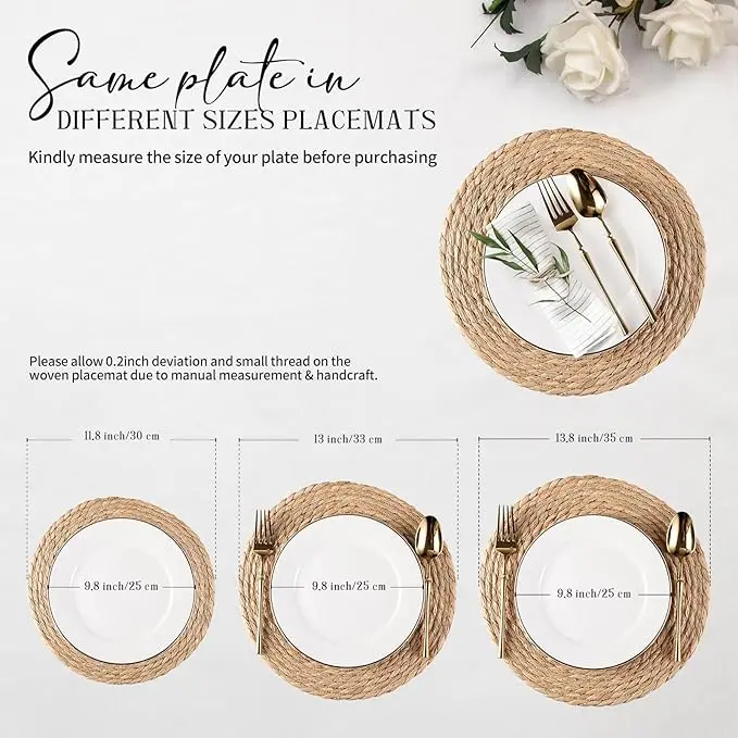 Round Woven Placemats Natural Water Hyacinth Place mats 2 inch Rattan Placemats Farmhouse Boho Braided Heat Table Place Mats