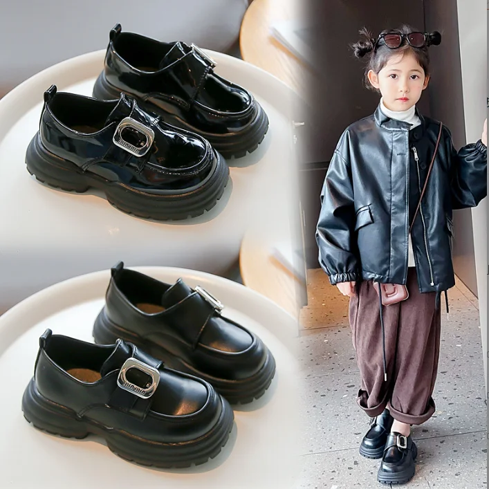 British Style Fashion Teenagers Girl Shiny & Metal Black Party Shoes Kids Girl Chunky Heel Loafer Shoes