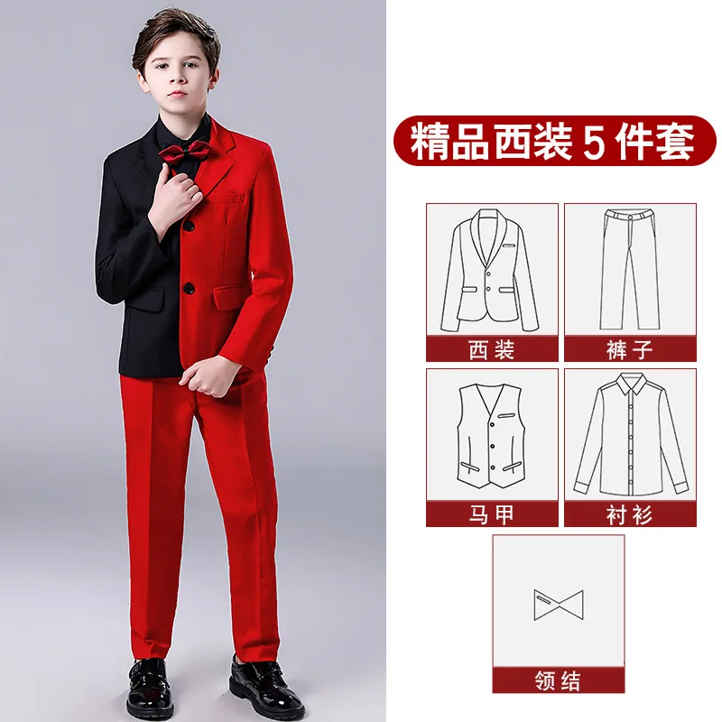 Red Black Contrast Color Men Dinner Tails Boys Formal Tuxido Dress Suits Kids Christmas Blazer Set Children Wedding Clothing