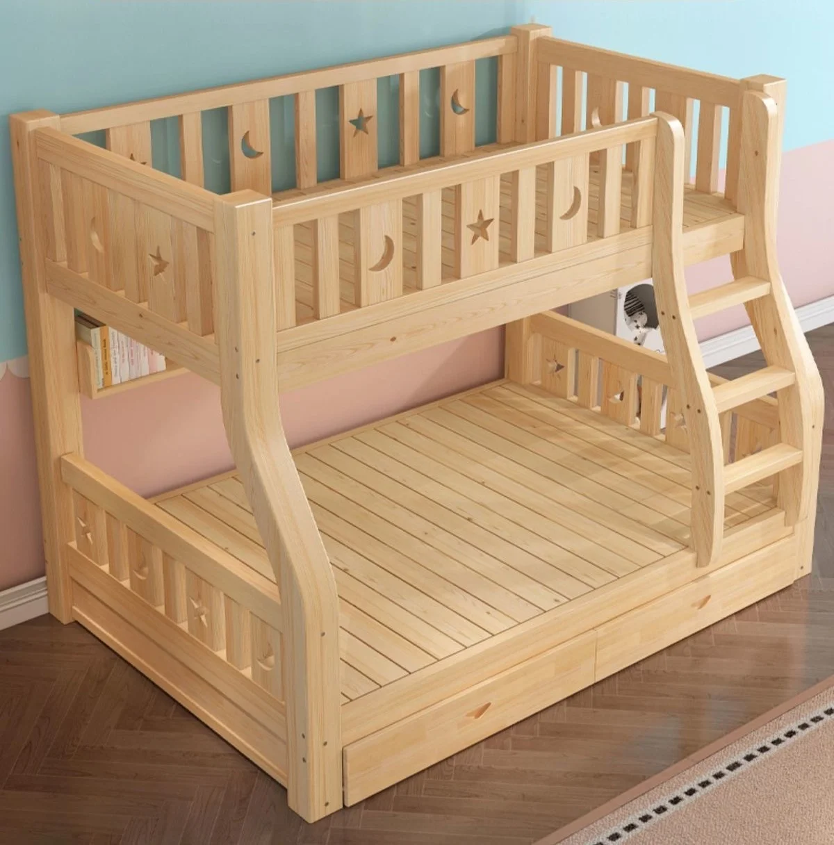 Bunk Bed, Twin Over Full Solid Wood Bunk Bed with Twin Size, Bunk Bed Frame with Guardrail and Ladder  for Kids Teens Bedroom