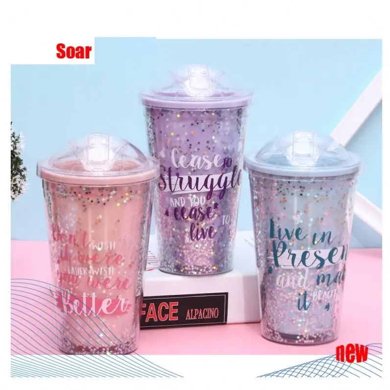 SOAR 16Oz горячая Распродажа двойная настенная цветная блестящая пластиковая чашка для питьевой воды с крышками и