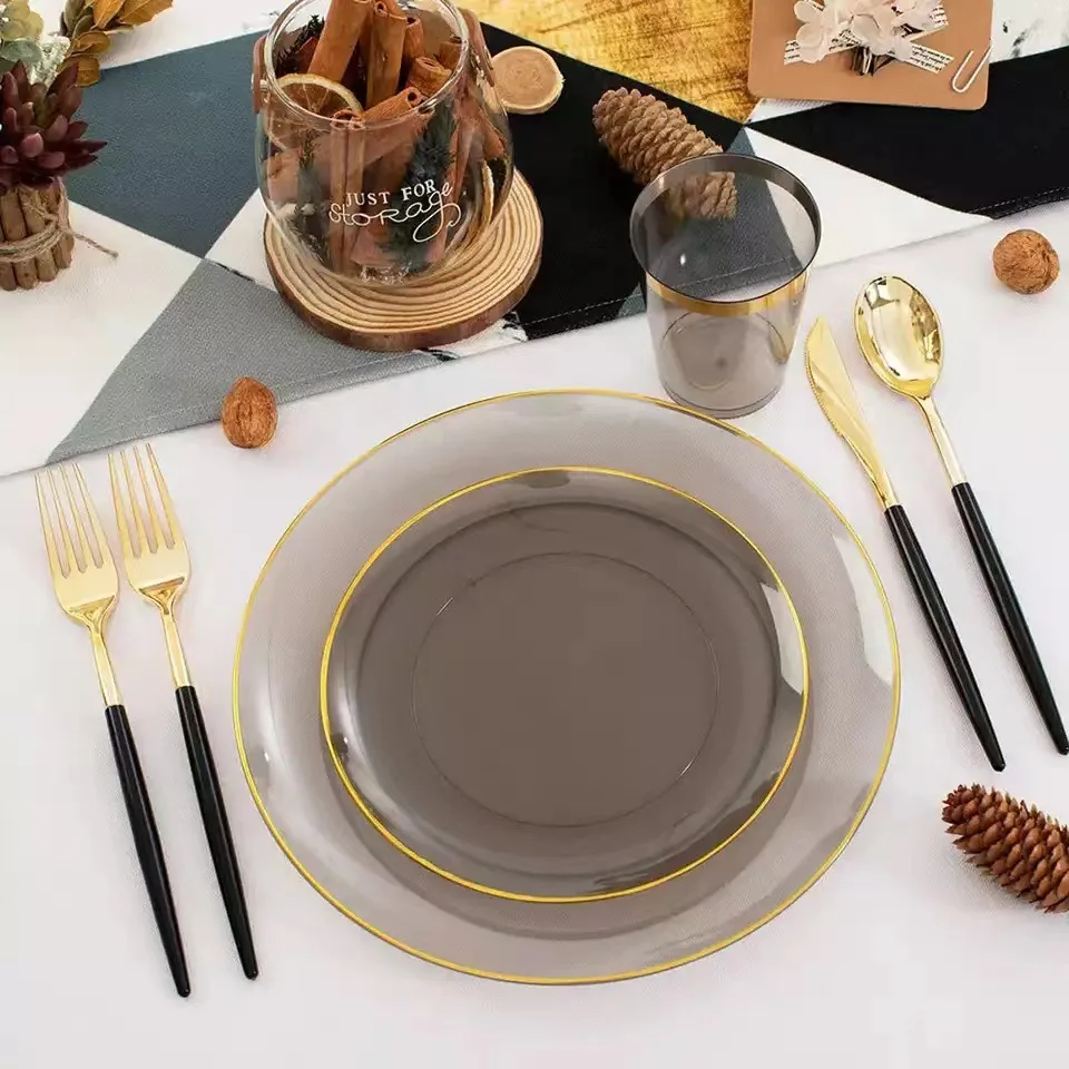PS Hard Plastic Luxury Tableware Disposable Smoked Transparent Gold Stamping Dining Plate For Hotels Restaurants Party