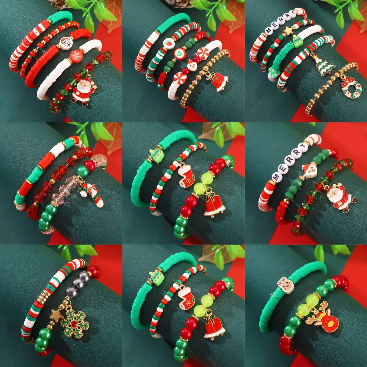 Christmas Decoration Clay Bead Waterproof Chain Elk Snowman Sock Bell Snow Santa Tree Fashion Jewelry Bracelets Gift