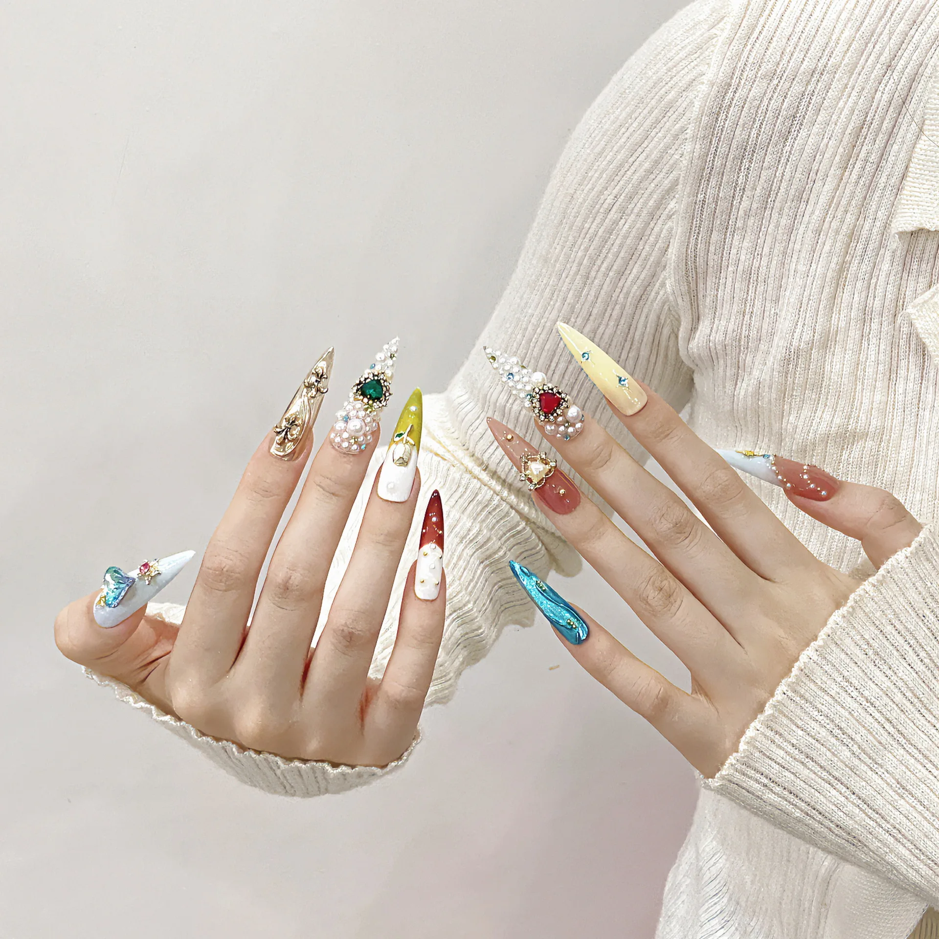 Wholesale Handmade Nails Reusable False Nails Long Almond Artificial Press ON Nails With Glue And Custom Packaging