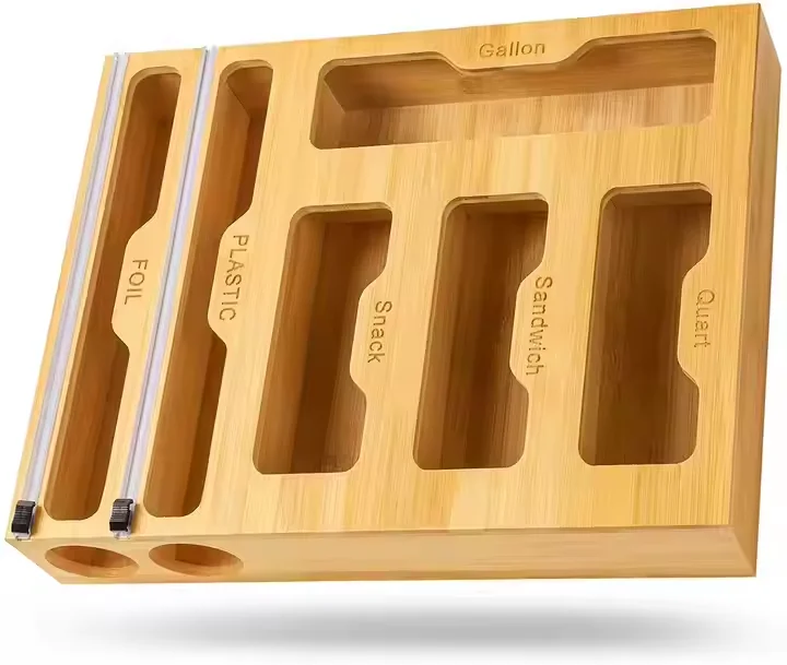 Kitchen 6 in 1 Wooden Drawer With Plastic Foil Wrap Dispenser Holder Bamboo Ziplock Bag Organizer in Stock