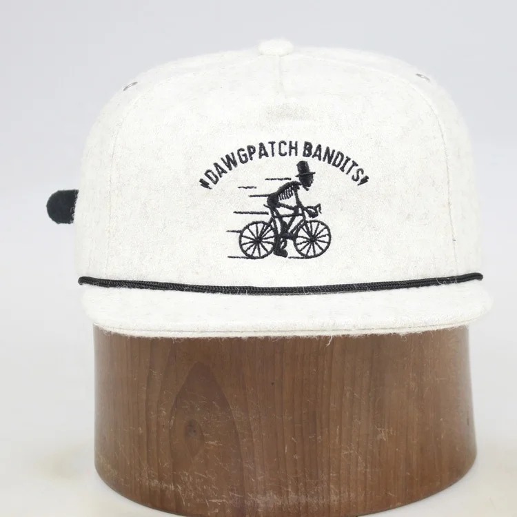 5 panel flat brim black string leather strap custom embroidery wool hat men