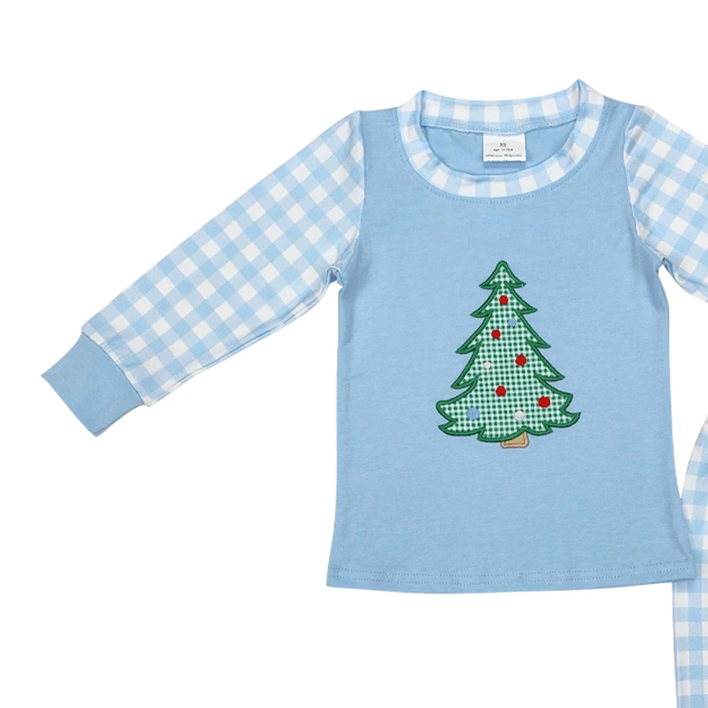 BLP0749 Christmas Tree Embroidered Blue Plaid Cotton Long Sleeve Pants Pajamas Set Casual Western Style with Animal Pattern