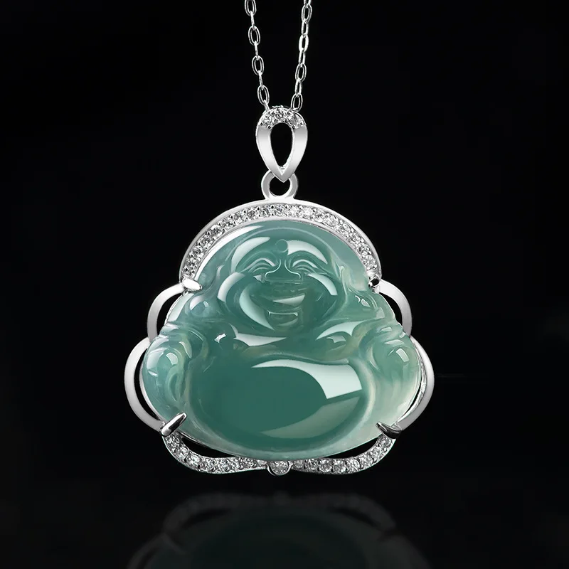 Natural Myanmar jade Buddha Pendant Certified A Grade S925 silver inlaid fashion jadeite Pendant necklace jewelry