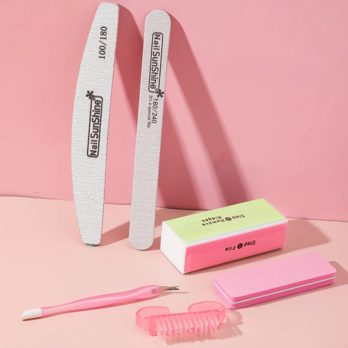 Nail file set 6 pc with buffer block nail clean brush nail buffer and file cuticle pusher custom manicure set professional