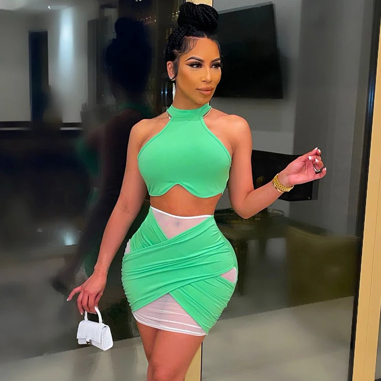 
Sexy Summer Patchwork Fashion See Through O Neck Crop Tank Top Womens Bodycon Mini Skirt Two Piece Sets 