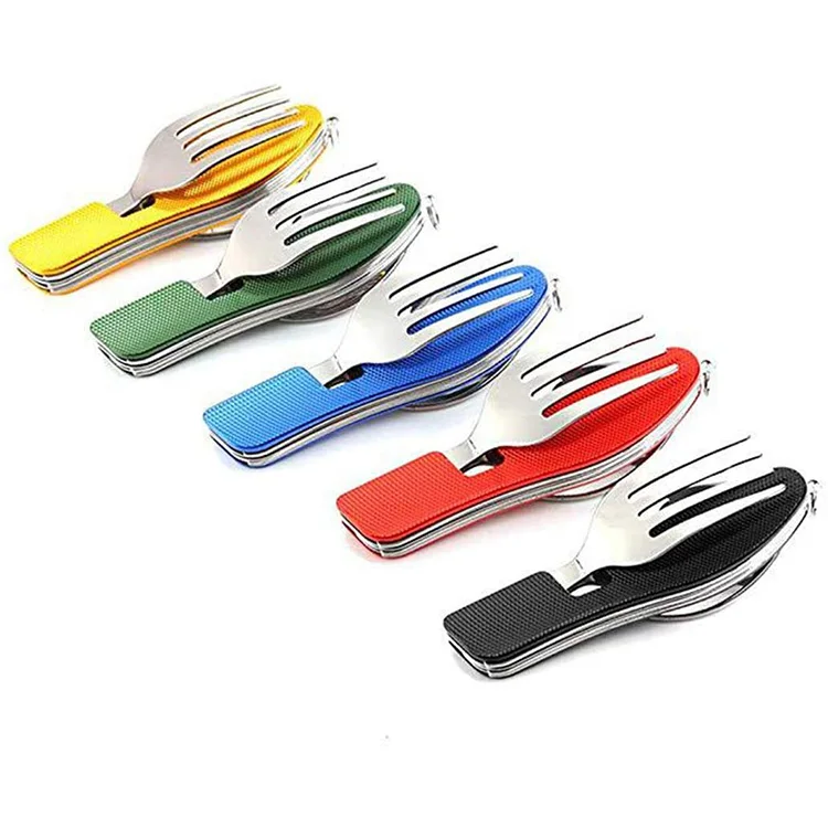 4-in-1 Foldable Stainless Steel Fork Spoon Knife and Bottle Opener Combination Kits Camping Utensil Cutlery Set