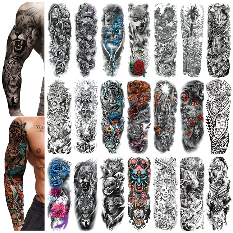 Wholesale 170*480mm large full arm flower lion buddha skull waterproof temporary tattoo sticker