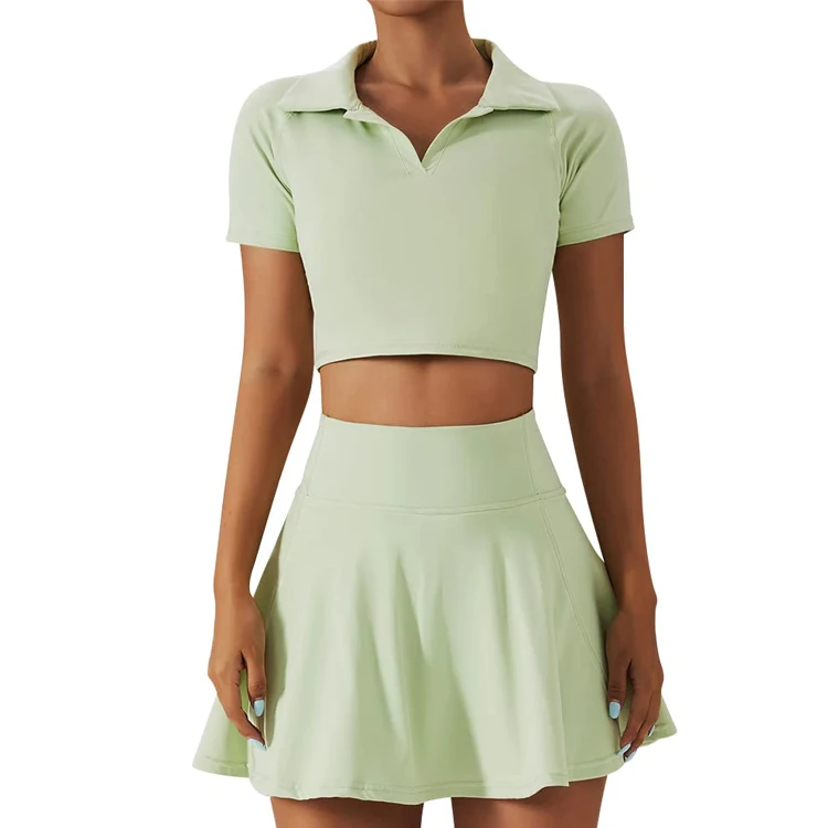 2 Piece  Sport Outfits  for Women High Waist Pleated Tennis Skirt with Shorts Short Sleeve Crop Golf Workout Skirts Sets