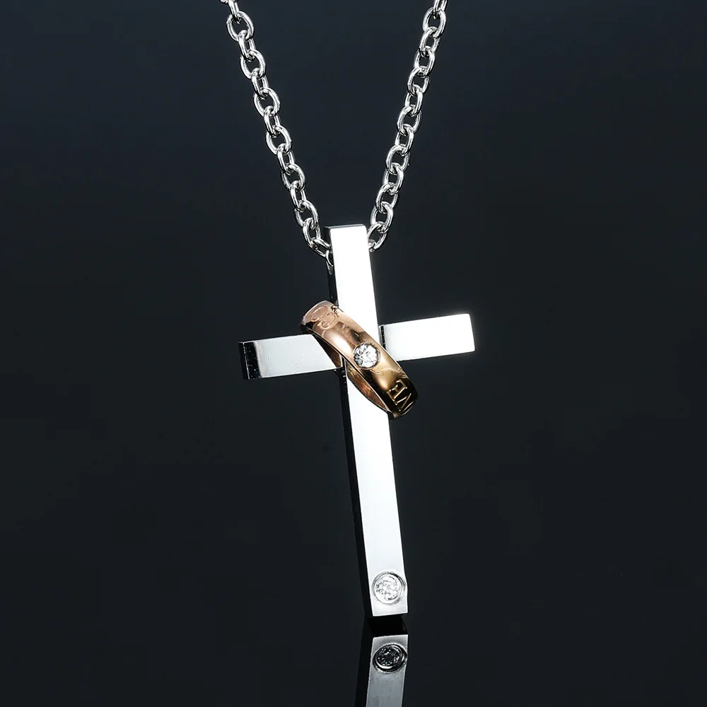 Retro Rose Gold Plated Stainless Steel love Couple Jewelry Fashion Simple Cross Pendant Necklace With Jesus Rings