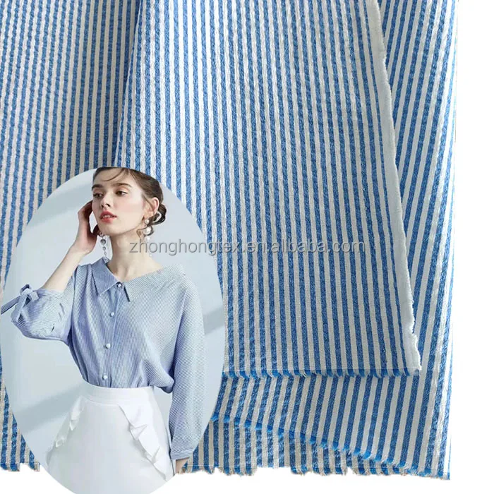 Custom Similar Yarn Dyed T400 Seersucker Vertical Stripes 4-way Stretch Fabric Used For Girls Shirt&Dress