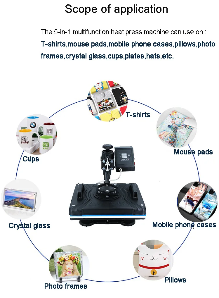 China manufacturer 5 in 1 29*38cm multiple function heat press machine for sublimation transfer