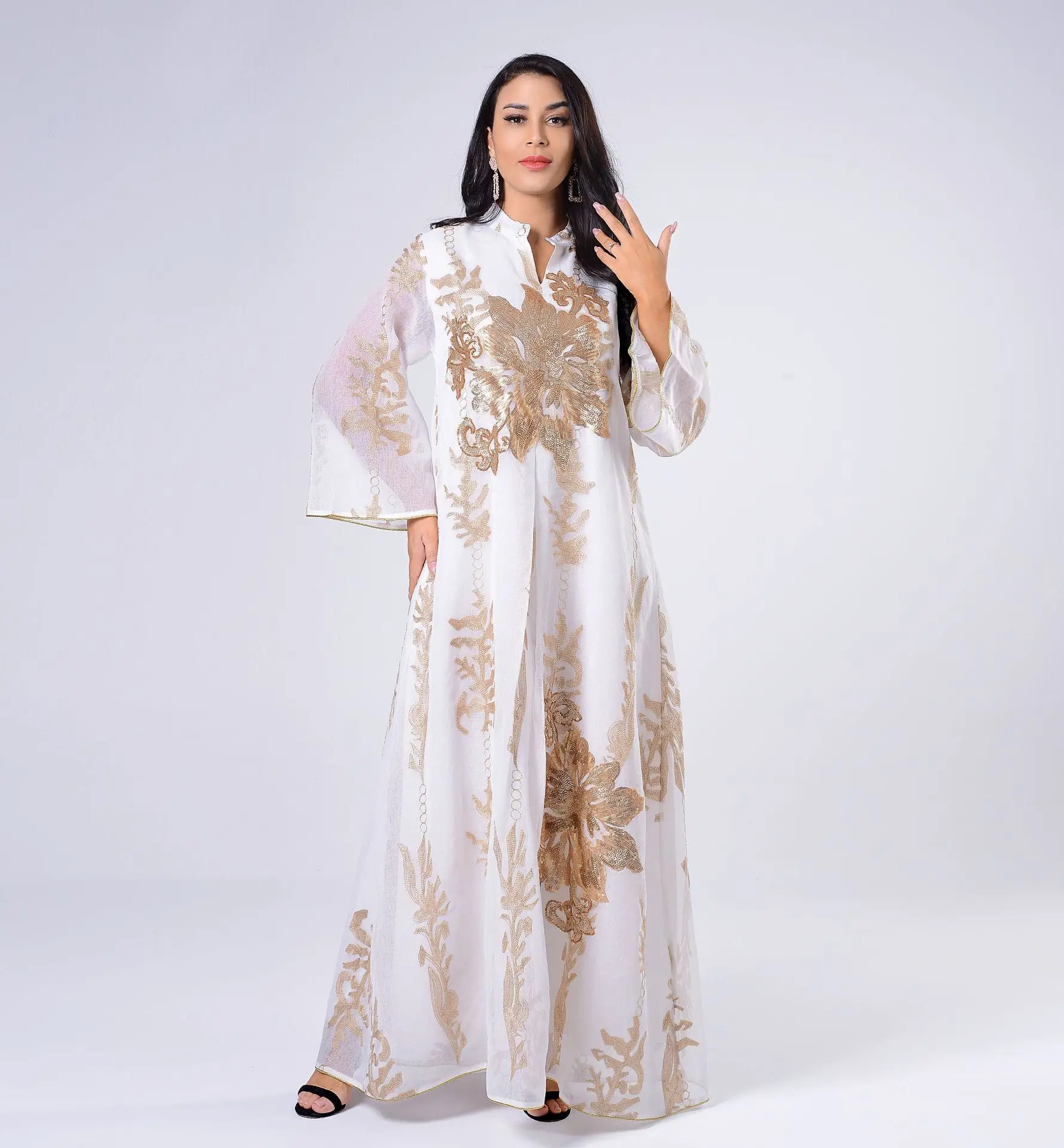 
Eid Embroidery Muslim Abaya Dress Dubai Arab Satin India Flare Sleeve Musulman Islam Women Pakistan Moroccan Kaftan Turkey Gowns 