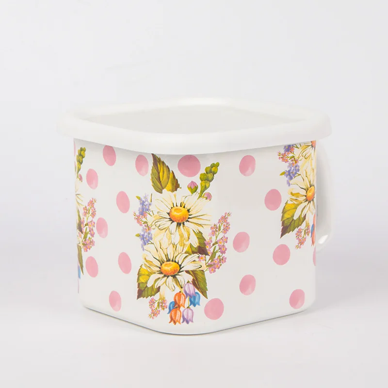 Factory Wholesale Custom Logo 14cm metal crisper storage container food grade Square enamel mug with handle lid